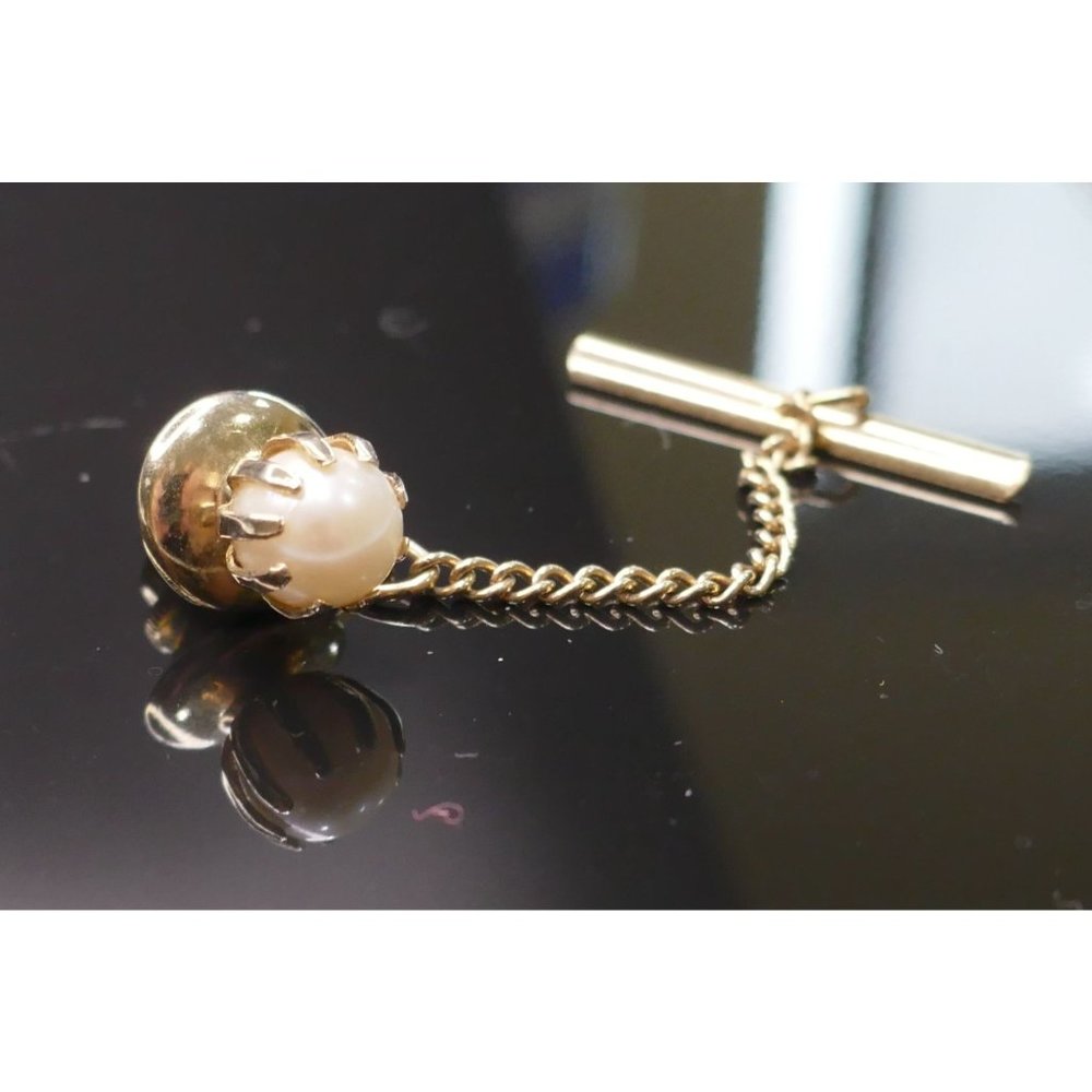 Real Pearl Tie Tack or Lapel Pin With Safety Chain 7mm Pearl